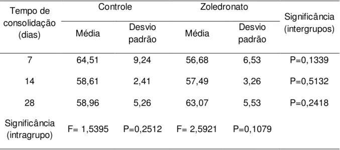 Tabela  1  – Valores  da  média  e  desvio  padrão  da  densidade  óptica  do  calo  ósseo  referentes  às  medições  efetuadas  nos  animais  dos  grupos