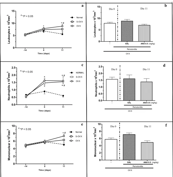 Figure 4  -14 0 11051015 NormalS-OVXOVX#****#,*P&lt; 0.05 Tim e (days)Leukocytes x  103/mm3       - SAL ANA 0.5051015PeriodontitisOVX (mg/kg)Leukocytes x 103/mm3 -14 0 110.00.51.01.52.02.5 NORMALS-OVXOVX*#***##,*P&lt; 0.05 Tim e (days)Neutrophils x 103/mm3