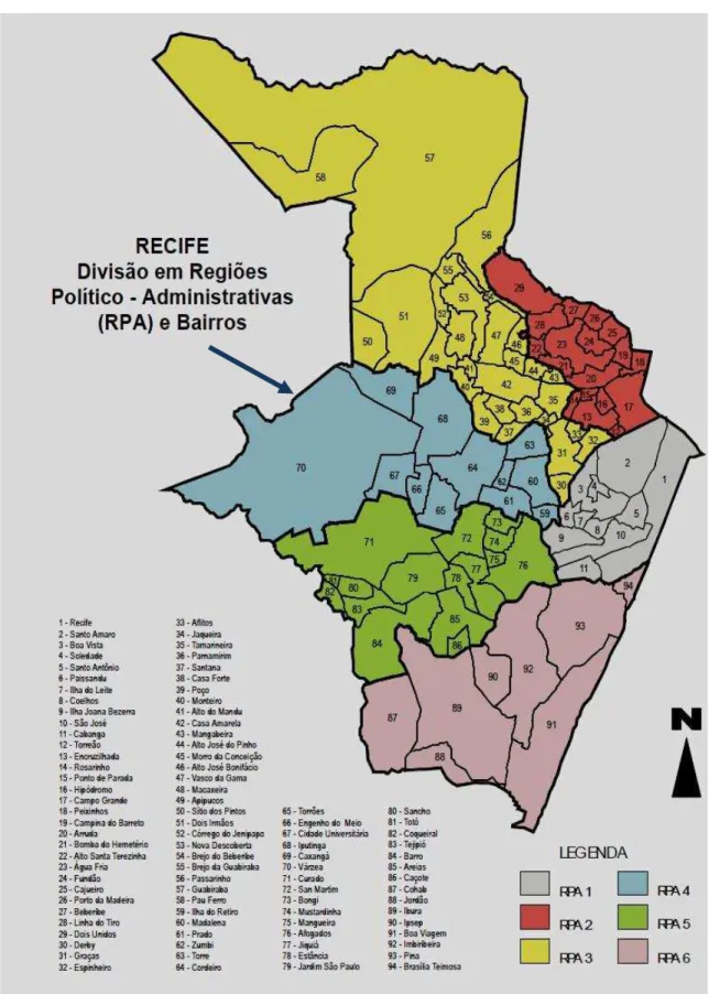 Figura 2  –  Mapa das Regiões Político-Administrativas que correspondem aos Distritos Sanitários da  cidade de Recife-PE