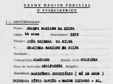 Figura 4: Identificação/laudo,  1998 (Arquivo do Centro  Psiquiátrico Judiciário Pedro  Marinho Suruagy)