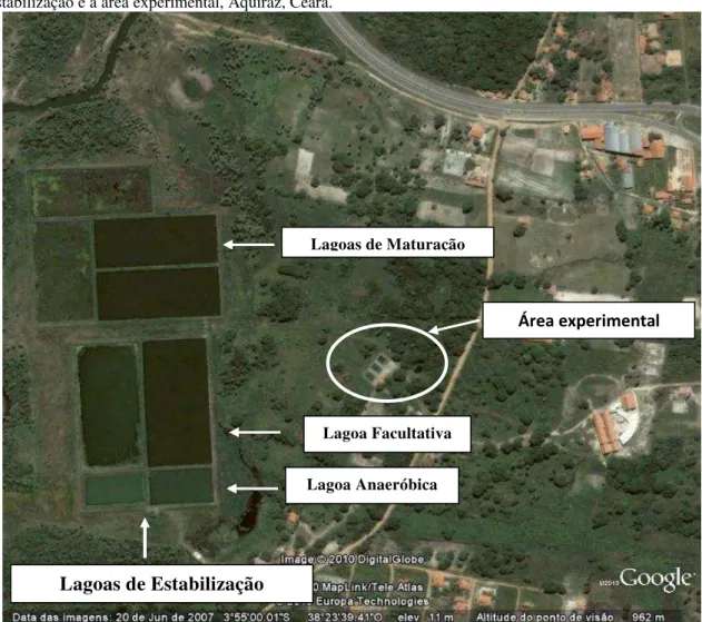 Figura  13  -  Imagem  de  satélite  da  Estação  de  Tratamento  de  Esgoto  da  Cagece,  destacando  as  Lagoas  de  Estabilização e a área experimental, Aquiraz, Ceará