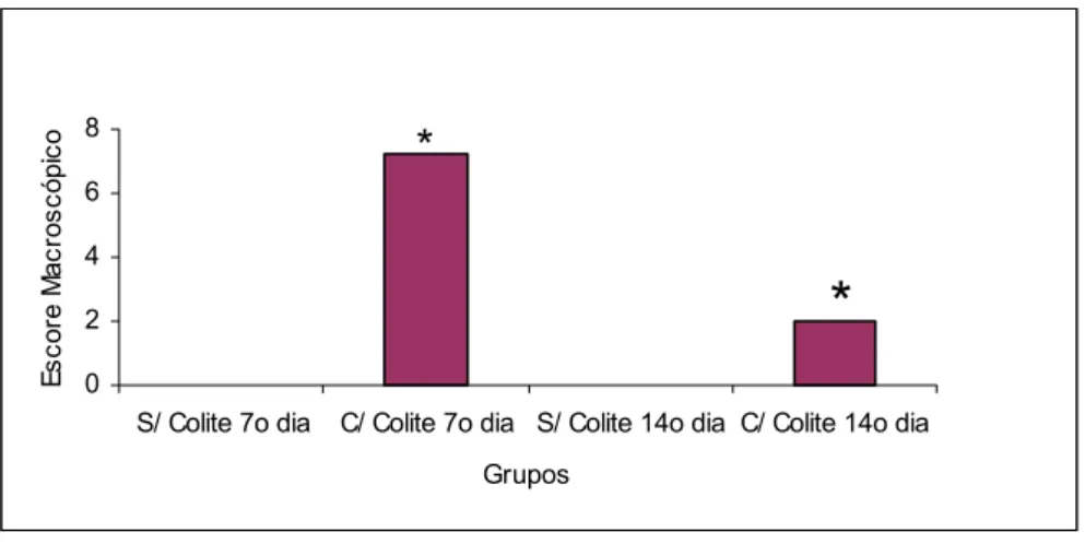 Figura 17: Média dos escores macroscópicos dos achados inflamatórios em  fragmentos colorretais de ratos que utilizaram água, submetidos  à  aplicação transanal de água ou indução da colite por TNBS  avaliados no 7º e 14º dias após indução (p&lt;0,05)* 