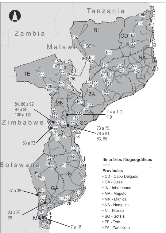 Figura 1: Itinerários fitogeográficos e localização dos espécimes que correspondem a taxa documentados  como medicinais nos cadernos de campo da Missão Botânica de Moçambique (1942-1948)