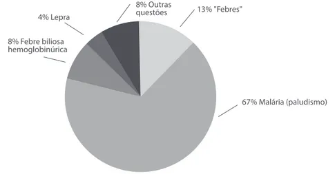 Gráfico 1: Distribuição percentual de teses por patologia 8% Outras questões 67% Malária (paludismo)4% Lepra13% &#34;Febres&#34;8% Febre biliosahemoglobinúrica