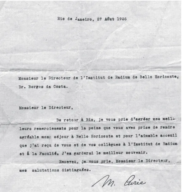 Figura 4: Carta de Marie Curie a Eduardo Borges da Costa agradecendo a receptividade na ocasião de sua visita ao  Instituto de Radium em agosto de 1926 (Acervo da família Borges da Costa)