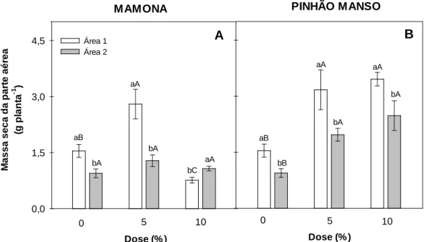 Figura 1. Massa seca da parte aérea em plantas de feijão, nas áreas 1 (área sobrepastejo)  e 2 (área de exclusão), submetidas à diferentes doses de torta de mamona (A) e de  pinhão manso (B)