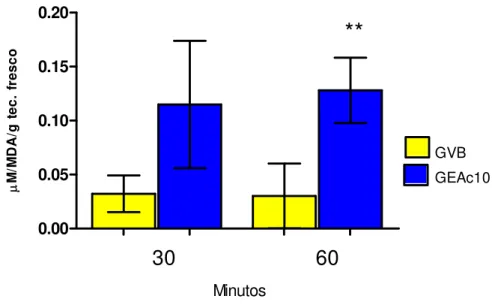 TABELA 5 - Efeitos do trauma anestésico e da eletroacupuntura sobre as concentrações  teciduais (hepáticas)  de TBARS (µMol MDA/ml) em ratos submetidos à  eletroacupuntura (10 Hz, 30 minutos)  