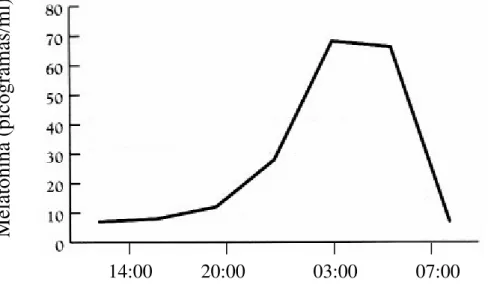 Figura 2: Concentrações plasmáticas da melatonina (pg/mL), mostrando o  aumento da síntese noturna, com o pico plasmático se iniciando por volta das  20:00 horas, com um declínio ao amanhecer, onde a luz suprime a sua síntese (in  Reiter et al., 1999a)