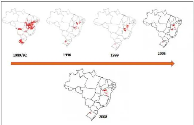 Figura 2 – Evolução da área de distribuição do T. infestans no Brasil de acordo com os anos