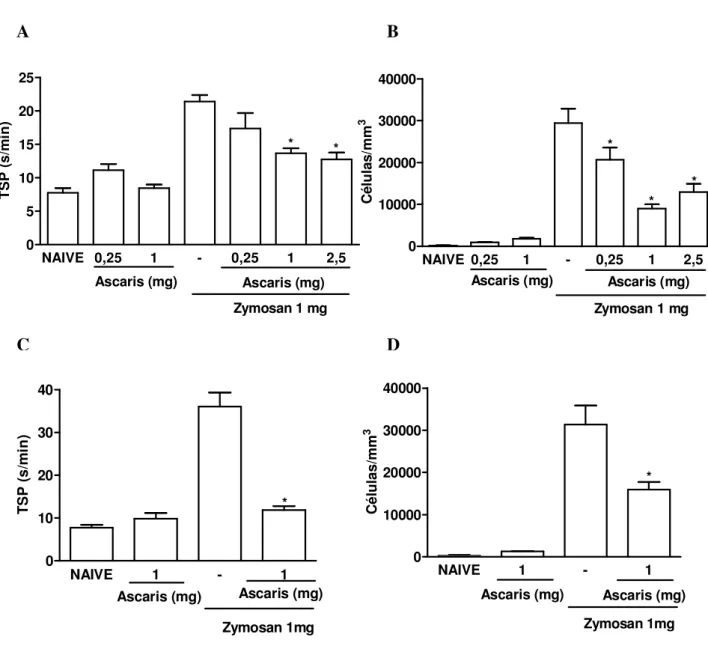 Figura 1 - Efeito da administração intraperitoneal e oral do extrato de Ascaris suum na  hipernocicepção  e  influxo  celular  em  ratos  na  artrite  por  zymosan  (AZy)