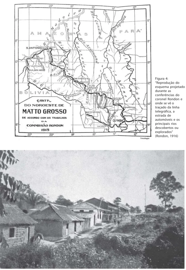 Figura 4: “Reprodução do esquema projetado durante as conferências do coronel Rondon e onde se vê o traçado da linha telegráfica, a estrada de automóveis e os principais rios descobertos ou explorados” (Rondon, 1916)