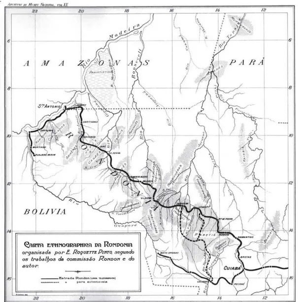 Figura 2: Carta etnográfica de Rondônia conforme os trabalhos da Comissão Rondon (Roquette-Pinto, 2005, p.31)