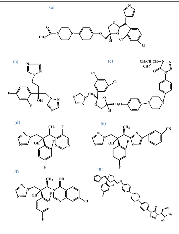 Figura 9 - Estruturas químicas dos derivados azólicos: (a) cetoconazol; (b) fluconazol; (c) itraconazol; (d) voriconazol; 