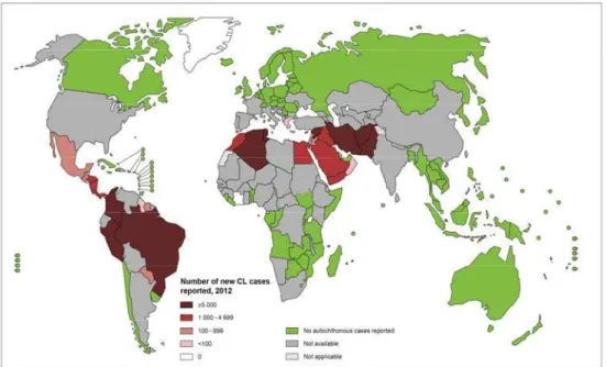 Figura 1: Distribuição da Leishmaniose tegumentar no mundo, 2012 