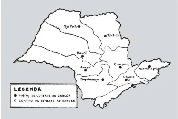 Figura 1: Distribuição geográfica dos Centros e Postos de Combate ao Câncer no estado de São Paulo (Prudente, 1935, p.180)