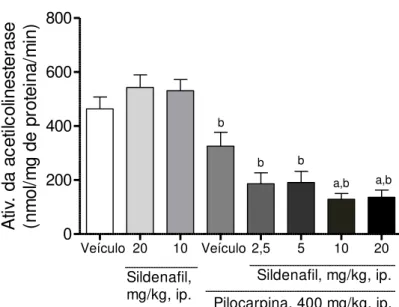 Figura  15.  Efeitos  do  pré-tratamento  agudo  sildenafil  sobre  a  atividade  da  acetilcolinesterase  (AChE)  em  hipocampo  de  camundongos  durante  as  convulsões  induzidas por P400