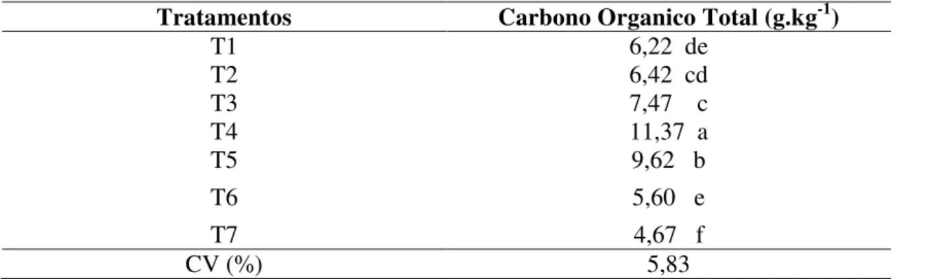 Tabela 11: Carbono Orgânico Total (COT) do solo após 90 dias de cultivo com  cebolinha