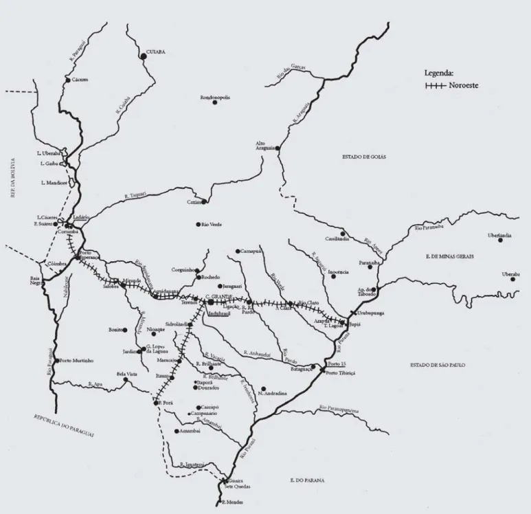 Figura 2 – Traçado da Noroeste do Brasil no Mato Grosso (Queiroz, 2004, p. 36). A construção do trecho Itapura- Itapura-Corumbá começou em 1908 na porção mato-grossense a partir do ponto denominado Porto Esperança