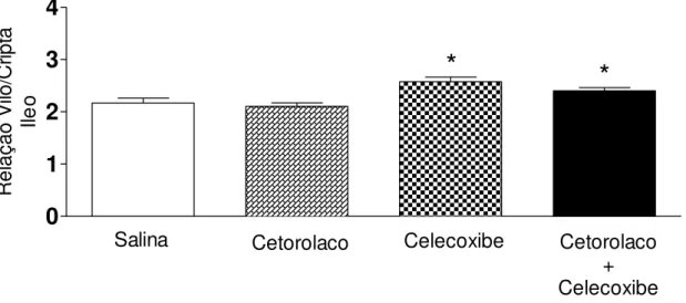 Gráfico  5  –   Alterações  morfométricas  no  íleo  de  ratos  secundárias  ao  pré- pré-tratamento com inibidores da cicloxigenase 1 e 2 