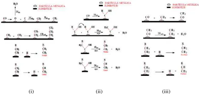 Figura 2.4 -  Representação esquemática de três mecanismos básicos de reação de Fischer- Fischer-Tropsch: (i) mecanismo de carbeno, (ii) mecanismo de hidroxicarbeno e (iii) mecanismo  de inserção de CO (Furtado, 2009).