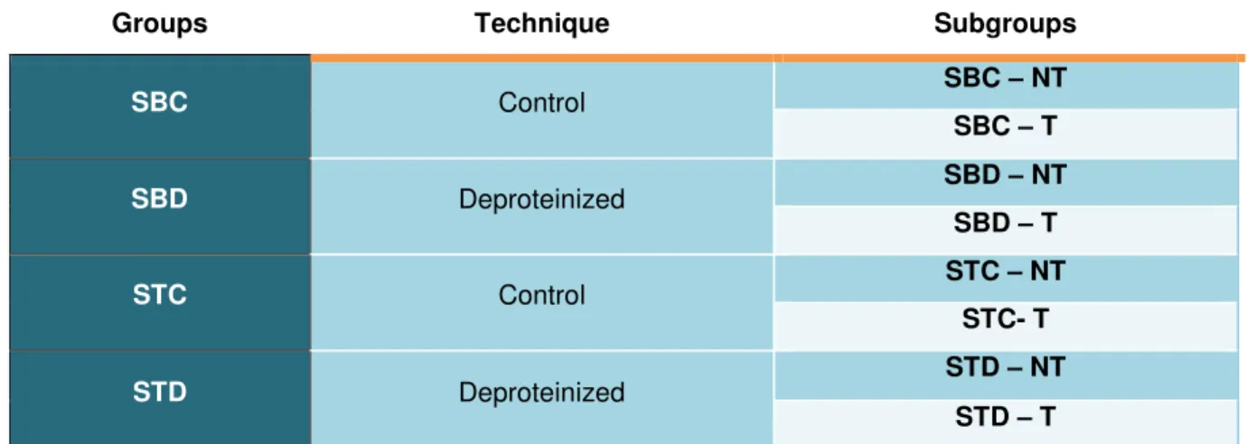 Table 2: Division of specimens on groups according to the treatment of dentin, the adhesive used  and aging regimen (n=5)