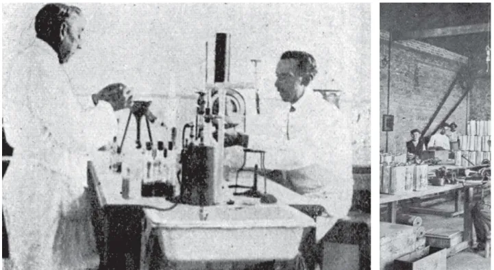 Figura 5 – Técnicos no laboratório de química fazendo análise do sulfureto de carbono e inspeção de amostras de café (Pamplona, 1927).