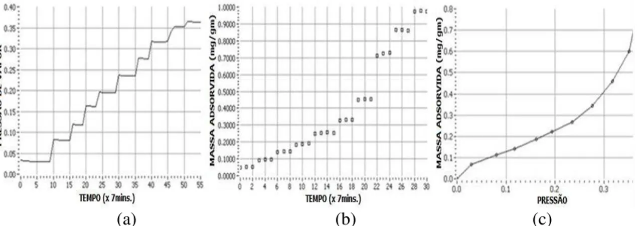 Figura 2.38  –  Gráficos plotados através do uso do USD: (a) pressão de vapor versus  tempo, (b) massa adsorvida de solvente versus tempo e (c) massa típica de solvente 
