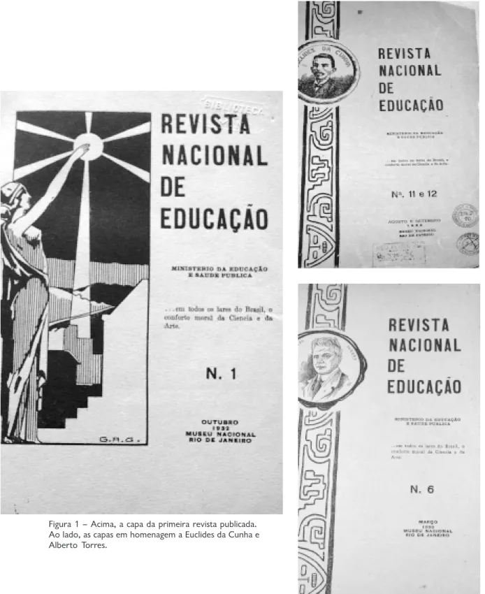 Figura 1  Acima, a capa da primeira revista publicada. Ao lado, as capas em homenagem a Euclides da Cunha e Alberto Torres.