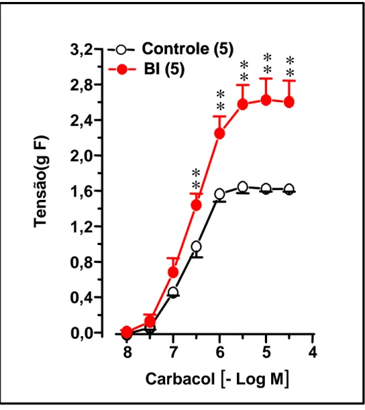 Figura 8. Curvas concentração-efeito ao carbacol em  traquéias isoladas de ratos 12 horas após a supressão do  tratamento crônico com brometo de ipratrópio (BI).