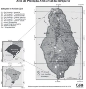 Figura 1. Localização das 10 estações de coleta (E1-E10) na Área  de Proteção Ambiental do Ibirapuitã, sudoeste do Estado Rio  Grande do Sul, Brasil