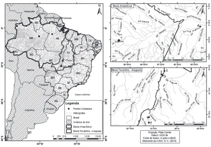 Figura 1. Mapa indicando as localidades de ocorrência de Acanthoceras zachariasii (Brun) Simonsen nas regiões Norte e Centro-Oeste  do Brasil.