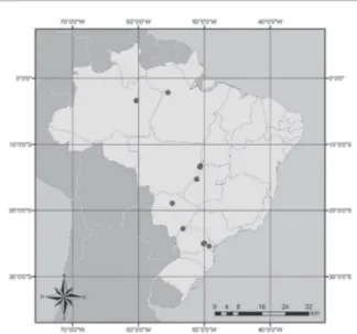 Figura  8.  Mapa  de  ocorrência  de  Acanthoceras zachariasii  (Brun) Simonsen no Brasil, sintetizado a partir deste estudo e dos  trabalhos de Shirata (1986), Shirata &amp; Valente-Moreira (1987),  Train &amp; Rodrigues (2004), Moss &amp; Moss (2007), e 