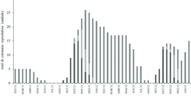 Figura 7. Número total de estruturas reprodutivas (espata floral, floração e frutificação) em 15 indivíduos adultos de Euterpe edulis em  Pariquera-Açu, SP, 2011/2012/2013