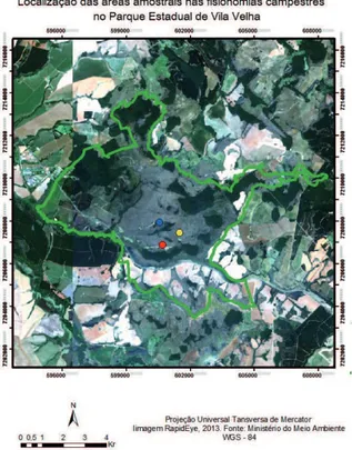 Figure 1. Localization of the areas sampled in the Vila Velha State  Park, Municipality of Ponta Grossa, Paraná State, Brazil