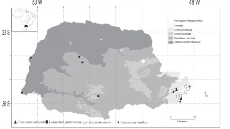 Figura 2: Mapa de distribuição das espécies do gênero Catasetum Rich. ex Kunth. registradas para o Estado do Paraná, Brasil Figure 2: Distribution map of Catasetum Rich