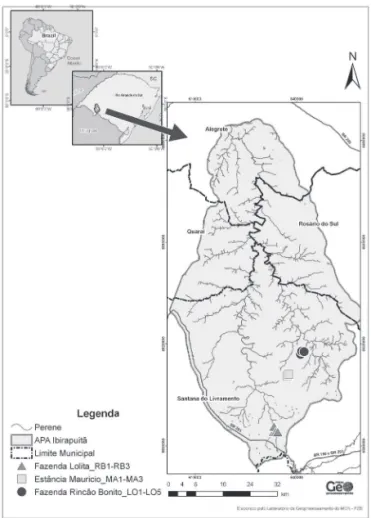 Figura 1. Mapa de localização das áreas de estudo da comunidade  liquênica,  na  região  sul  da APA  do  Ibirapuitã,  Santana  do  Livramento, RS, Brasil.