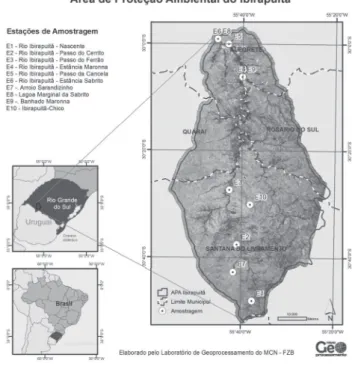 Figura 1. Localização das 10 estações amostrais (E1-E10) na Área de Proteção Ambiental do rio Ibirapuitã, RS, Brasil.