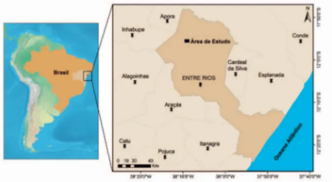 Figura 1. Município de Entre Rios, litoral norte do Estado da  Bahia, Brasil, com destaque para a área de estudo.