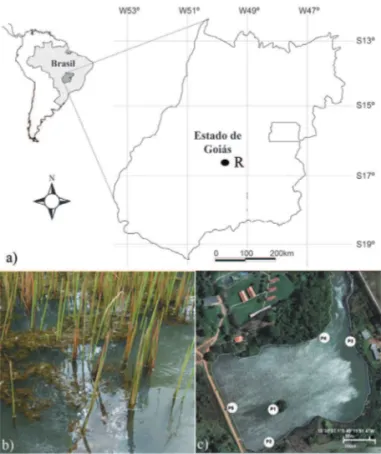 Figura  1.  Mapa  de  localização  da  represa  Samambaia,  GO,  Brasil Estações amostrais da represa Samambaia (a)