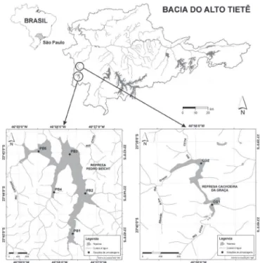 Figure 1. Location of the reservoirs of Alto Cotia Water Supply  System in the Tietê River Basin, and the sampling sites in Pedro  Beicht (PB) and Cachoeira da Graça (CG) reservoirs, Metropolitan  Region of São Paulo, São Paulo State, Brazil