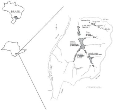 Figura 1. Localização do Parque Estadual das Fontes do Ipiranga,  São Paulo, SP, Brasil, ilustrando reservatórios amostrados