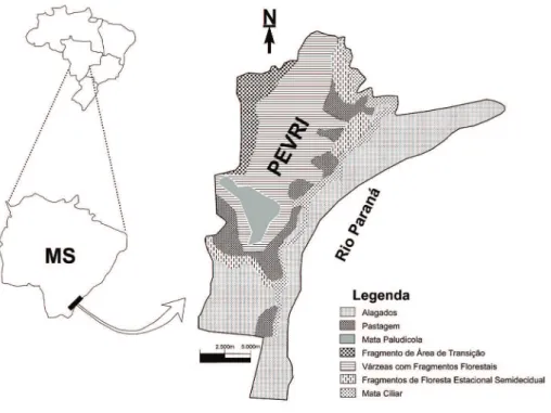 Figura 1. Localização geográfica do Parque Estadual das Várzeas do Rio Ivinhema, MS, Brasil.