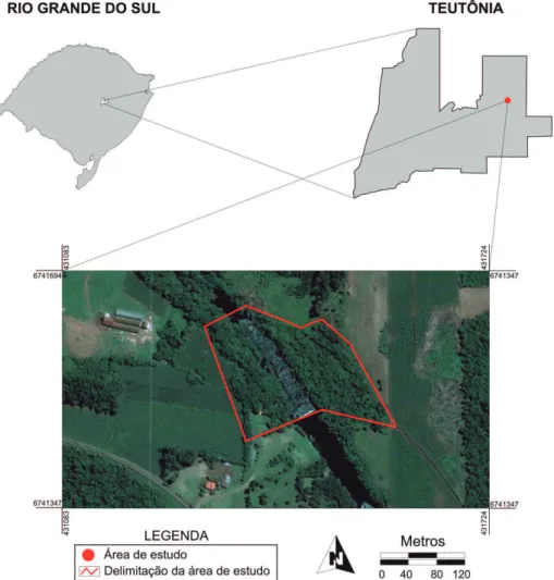 Figura 1. Mapa de localização e delimitação da área de estudo, arroio Boa Vista, Teutônia, RS, Brasil.