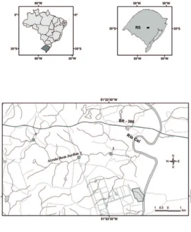Figura 1. Localização do arroio Bom Jardim, município de Triunfo, RS, Brasil, com a indicação dos três trechos amostrados