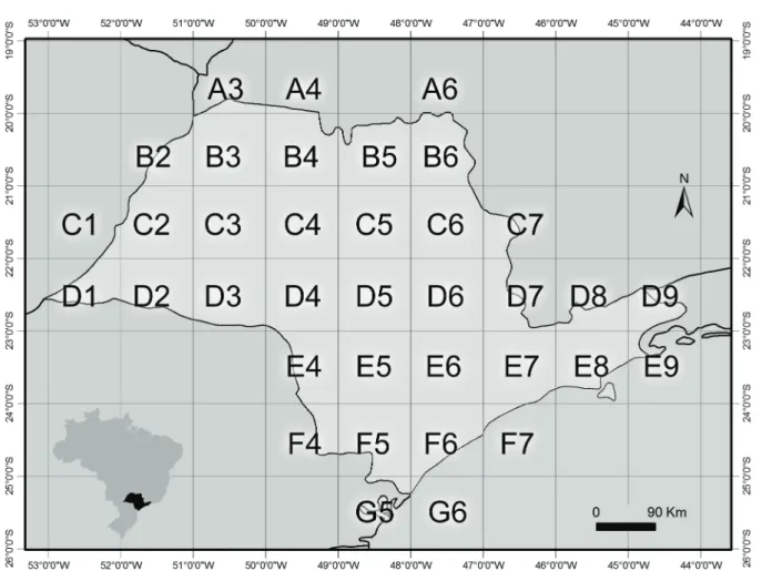 Figura 1. Mapa do Estado de São Paulo, Brasil, dividido em quadrículas de 1° × 1°, adaptado de Wanderley et al