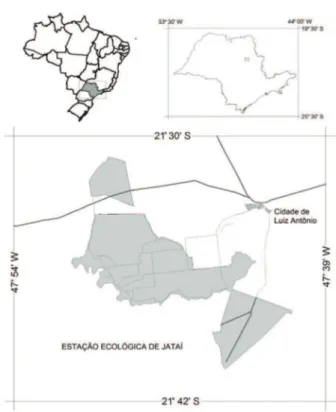 Figura 1. Localização da Estação Ecológica de Jataí, SP, Brasil. Figure 1. Location of Jataí Ecological Station, São Paulo State,  Brazil.