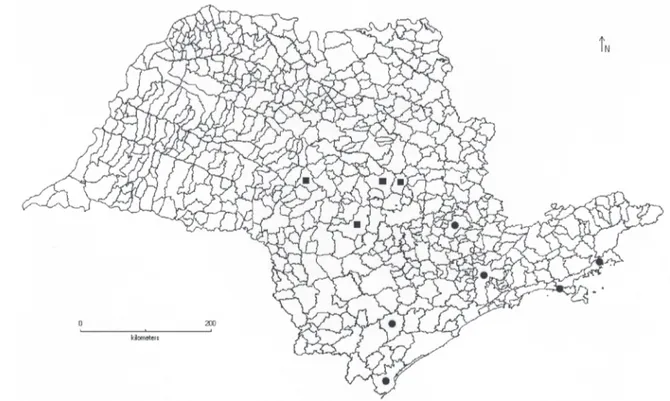 Figura 29. Distribuição geográfica de Campyloneurum angustifolium () e C. decurrens ( ¢ ) no Estado de São Paulo.