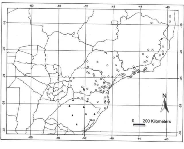 Figura 7. Distribuição geográfica de Heteropterys intermedia (¡) e H. microcarpa (p). Figure 7