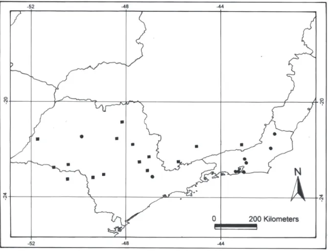 Figura 4. Distribuição geográfica de Heteropterys crenulata (¢) e H. pauciflora (l). Figure 4