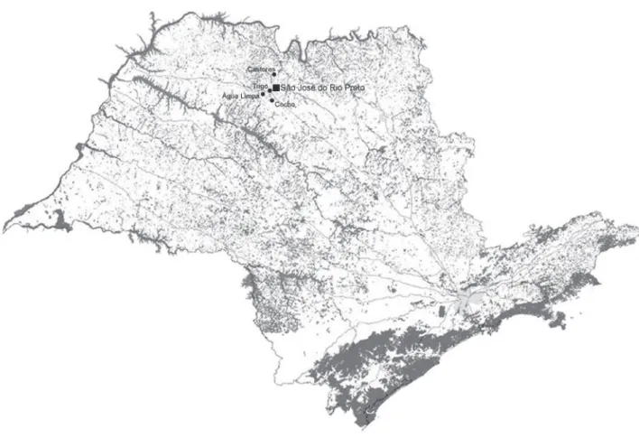 Figura 1. Localização na região noroeste do Estado de São Paulo dos riachos com as nascentes estudadas